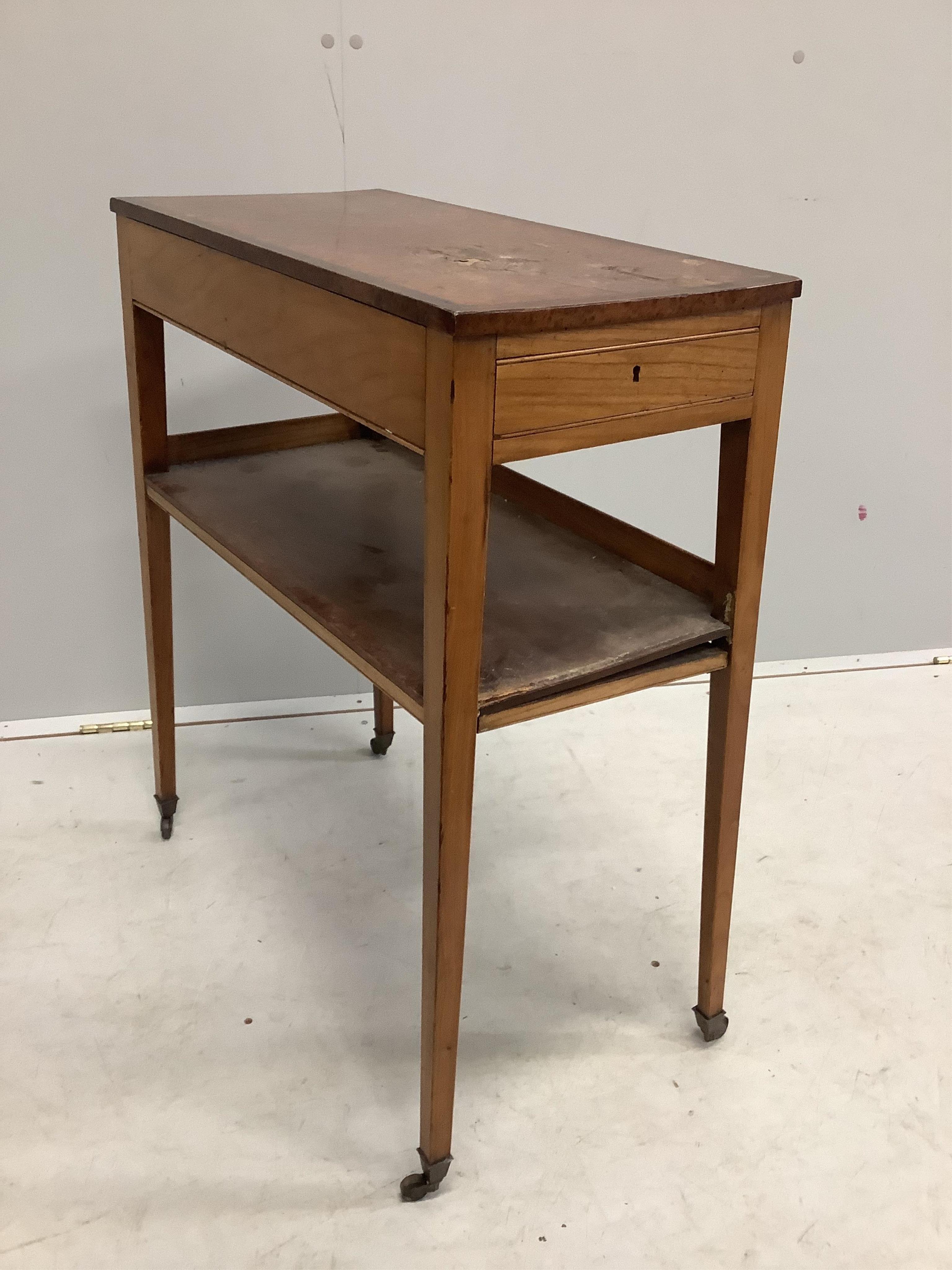 A George III amboyna and satinwood two occasional table, width 62cm, depth 31cm, height 74cm. Condition - poor